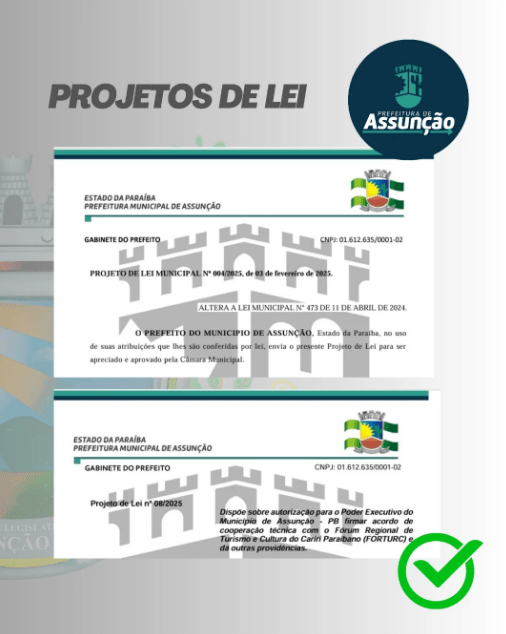 Projetos de Lei aprovados em sessão do dia 26 de março de 2025, da Prefeitura Municipal de Assunção.