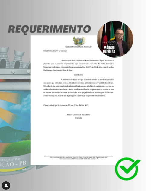 Vereador Márcio Oliveira apresenta Requerimento Nº 16 na Sessão Ordinária da Câmara de Assunção