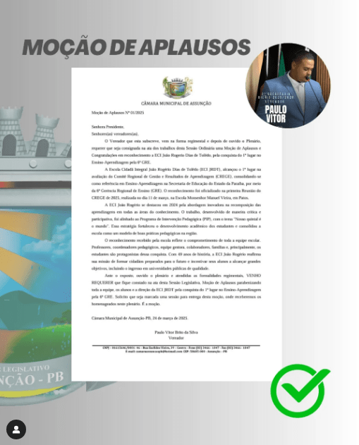 Vereador Paulo Vitor apresenta Moção de Aplausos na Câmara de Assunção