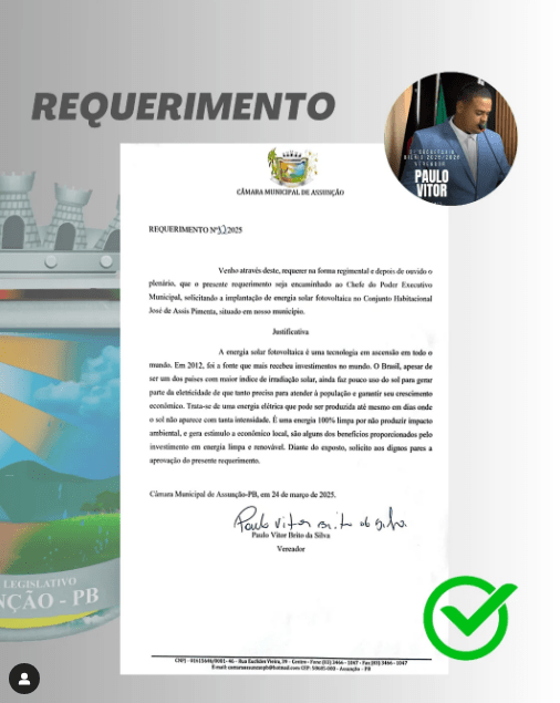 Vereador Paulo Vitor apresenta Requerimento Nº 12/2025 na Câmara de Assunção